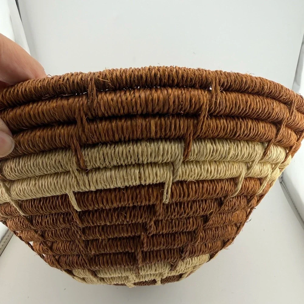 Handwoven Coiled Basket Bowl Brown Cream Boho Wall Decor Excellent